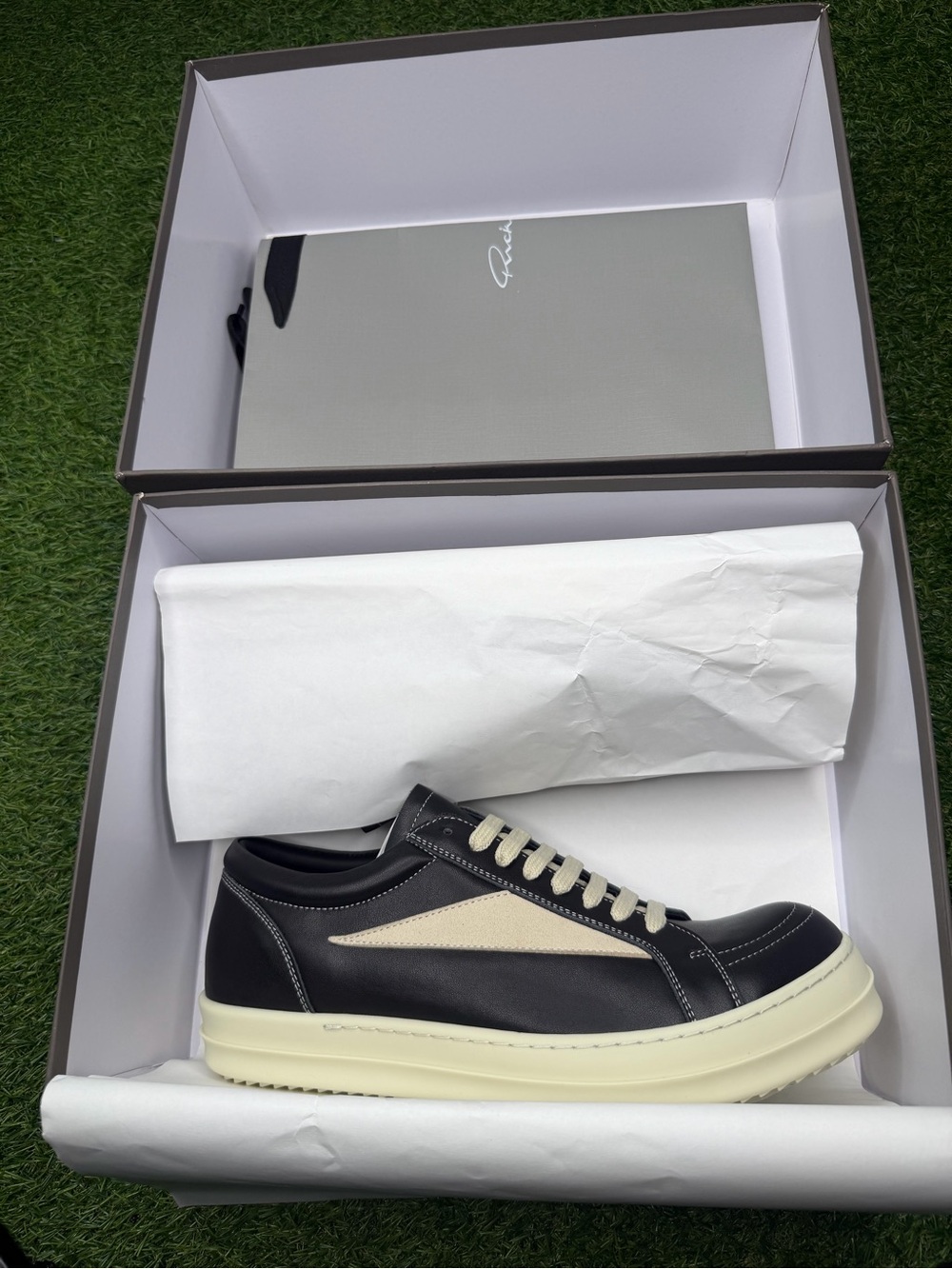 Rick Owens Black Leather Low-Top Sneakers with Cream Accents